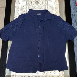 Chevignon navy blue button down shirt with floral embroidery